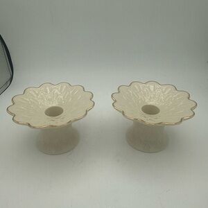 Pair of VTG Lenox Cream Color Gold Rimmed Scalloped Taper Candle Holders 3”